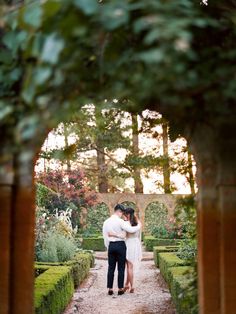 a man and woman are standing in the middle of a path surrounded by hedges with trees on either side