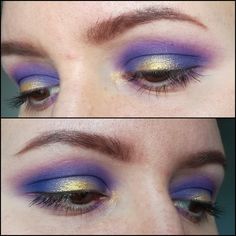 80s Purple Makeup, Purple Halo Eye, Purple Halo Eyeshadow, Gold Purple Makeup, Halo Makeup Eye, Purple And Green Makeup Looks, Purple And Gold Eye Makeup, Gold Halo Eyeshadow, Purple Gold Makeup