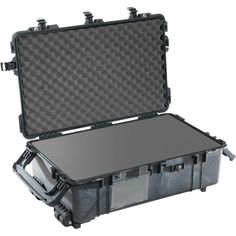 an open black case with wheels and handles