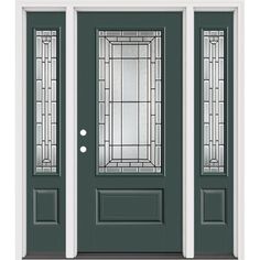 a green door with two sidelights and glass panels