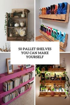 there are many shelves that have books and magazines on them with the words 50 pallet shelves you can make yourself