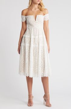 A notched neckline lends stylish shape to a tiered dress finished with a sweet eyelash-lace trim. 41" length (size Medium) Hidden back-zip closure Off-the-shoulder neck Short sleeves Lined 70% cotton, 30% nylon Hand wash, line dry Imported White Bridal Shower Dress, Lace Off The Shoulder Dress, Notched Neckline, Bridal Shower Dress, Off The Shoulder Dress, Designer Clothes For Men, Modern Outfits, Tiered Dress, Women's Summer Fashion