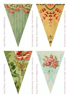 four pennants with flowers on them are in different colors and designs, one is green, the other is red