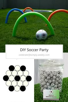 an image of soccer party decorations on the grass