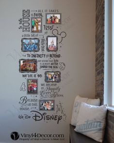 a wall with some pictures on it and the words disney written in different font styles