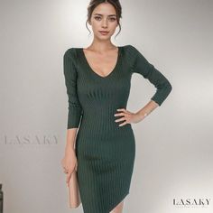 Lasaky - Luxurious High-Neckline Sweater Dress with Flared Hem and Versatile Style High Neckline Dress, Party Wear For Women, Long Outerwear, Deep V Neck Dress, Jersey Knit Dress, Travel Dress, Long Sleeve Sweater Dress, Long Sleeves Coats, Coat Fashion