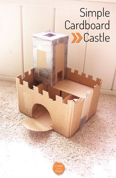 an open cardboard castle sitting on the floor next to a white door with text overlay that reads simple cardboard castle