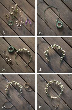 four pictures showing how to make a flower crown with pearls and ribbon on the side