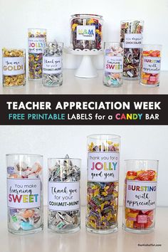 teacher appreciation week free printable labels for a candy bar with lots of candies