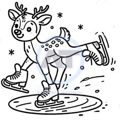 a black and white drawing of a deer skating