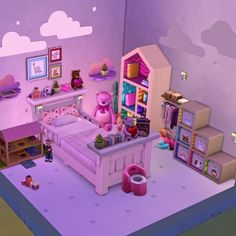 an animated bedroom with toys and furniture in the room, including a dollhouse bed