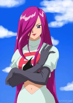 a woman with pink hair and gloves standing in front of a blue cloud filled sky