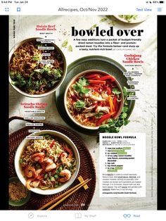 an article in the food magazine called bowled over, with two bowls filled with noodles and vegetables