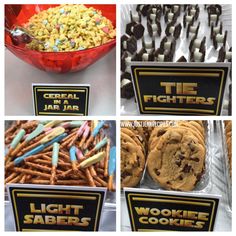 star wars themed desserts and treats are on display at a party for the light saberrs