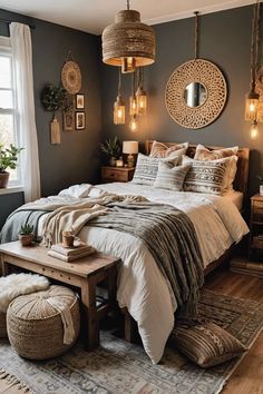 a large bed sitting in a bedroom on top of a wooden floor next to a window