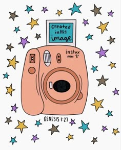 a pink camera with stars around it and the words created by an image on top