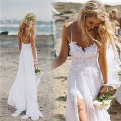 a woman in a white dress walking on the beach with another woman wearing a wedding dress