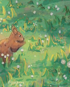 a painting of a pig in the middle of a field with grass and flowers on it