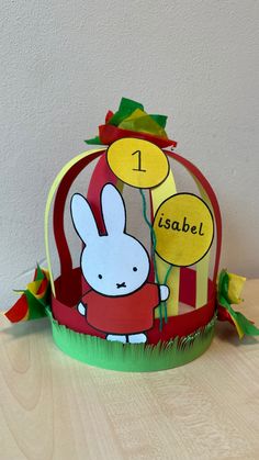 a paper hat with an image of a rabbit holding a balloon on top of it