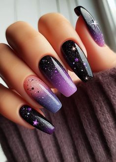 Cosmic Nail Designs, Galaxy Nail Designs, Universe Nails, Nails Galaxy, Cosmic Nails, Galaxy Nail, Galaxy Nail Art, Unghie Sfumate, Thanksgiving Nail Art