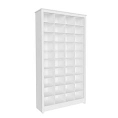 a white bookcase with many compartments on the front and bottom shelves in different sizes