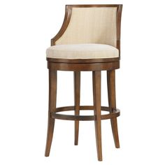 a wooden bar stool with beige upholstered seat and back cushion on an isolated white background