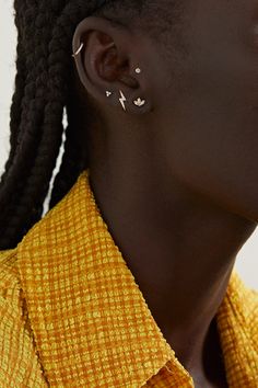 Maria Tash's dainty earring can be worn on your lobes, but we love how they look nestled in cartilage or tragus pericings, too. Cast from 18-karat gold, it's set with 0.11-carats of marquise-cut diamonds strategically placed to resemble a lotus flower. Make yours an everyday signature.  Shown here with: [LE 17 SEPTEMBRE Shirt id1163348], [Maria Tash Earring id1199595], [Maria Tash Earring id1139977]. Maria Tash Earrings, Rose Diamond, Maria Tash, Gold Lotus, Pearl And Diamond Earrings, Thread Earrings, Rose Gold White, Diamond Earring, Marquise Cut Diamond