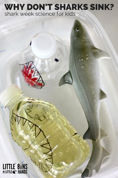 there are two plastic sharks and a bottle in the box that says, why don't sharks sink? shark week science for kids