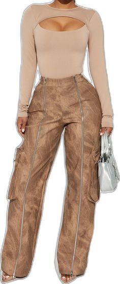 Casual Leather Pants With Zipper For Fall, Casual Leather Pants With Zipper Closure For Fall, Fitted Faux Leather Cargo Pants For Fall, Trendy Pants With Side Zipper For Spring, Trendy Spring Pants With Side Zipper, Trendy Fall Bottoms With Side Zipper, Trendy Bottoms With Side Zipper For Fall, Trendy Brown Bottoms With Zipper Closure, Brown Bottoms With Zipper Closure For Spring