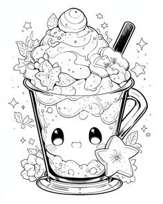 an ice cream sundae in a cup with stars and flowers on the rim, surrounded by