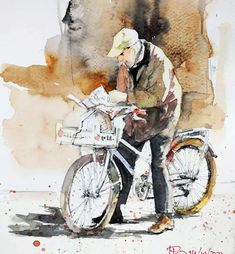 a watercolor painting of a man sitting on a bike with newspaper in his hand