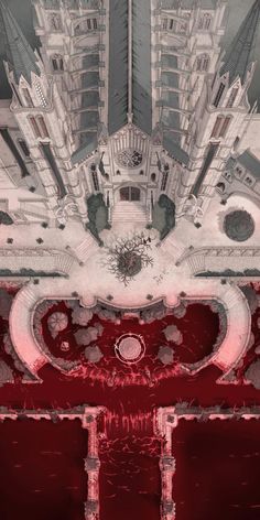 an aerial view of a building with red paint on it