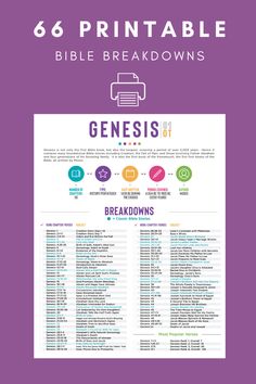 the bible's printable bible breakdowns are shown in purple and white