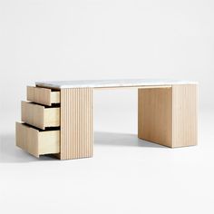 a desk made out of wood and marble with three drawers on each side, in front of a white background