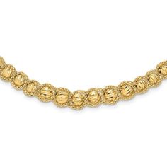 Accent any outfit with this beautiful beaded necklace in 14K yellow gold. Polished for perfect shine, this 17-inch long necklace features brilliant diamond-cut and textured detailed beads for a sophisticated allure. A reliable fancy lobster clasp ensures your necklace stays securely around your neckline. | Belk & Co 14K Yellow Gold Polished Textured and Diamond-cut Beaded Necklace Formal Yellow Gold Beaded Necklaces, Yellow Gold Beaded Necklaces For Formal Occasions, Gold Fine Jewelry With Faceted Beads, Gold Rondelle Beaded Necklaces, Gold Rondelle Jewelry With Diamond Cut, Formal Gold Necklaces With Faceted Beads, Formal Yellow Gold Necklaces With Faceted Beads, Formal Yellow Gold Necklace With Faceted Beads, Formal Gold Jewelry With Faceted Beads