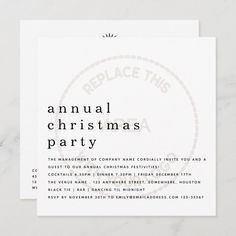 a white christmas party card with the words,'an annual christmas party'on it