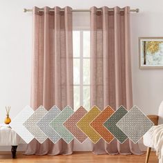 the curtains are lined up in different colors and patterns, along with a chair next to them