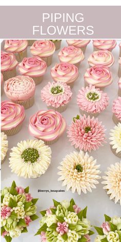 cupcakes decorated with pink and white flowers are on display in front of the words piping flowers