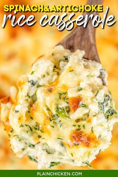 spinach and artichoke rice casserole on a wooden spoon with text overlay