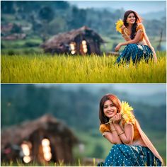 two pictures of a woman sitting in the grass with her hands on her hips and holding a flower