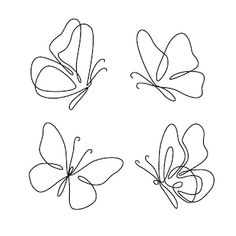 four butterflies with different shapes and sizes on the wings, all drawn in one line