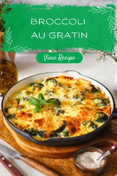 broccoli and cheese casserole in a pan on a wooden cutting board