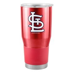 a red tumbler with the st louis cardinals on it