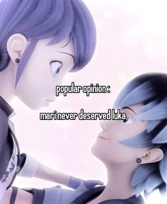 two anime characters one with blue hair and the other with purple hair looking at each other