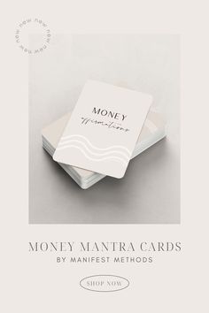 three cards with the words money mantra cards written in black and white on them