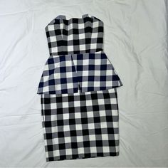 This Medium-Weight Woven Dress Has A Strapless Bodice (With Hidden Boning For Support) In A Black And White Checkered Print Above A Blue And White Checkered Peplum At The Waist. The Black And White Reappears On The Bodycon Skirt That Finishes With A Kick Pleat At Back. Exposed Silver Zipper On Back. Fully Lined. Plaid Sleeveless Party Dress, Plaid Sleeveless Dress For Date Night, Gold Satin Dress, Pretty Black Dresses, Strapless Chiffon Dress, Green Formal Dresses, Floor Length Maxi Dress, Black Checkered, Checkered Print