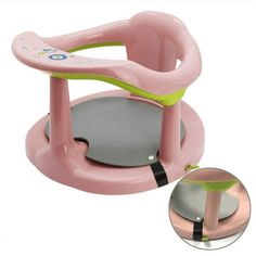 a pink and green potty chair with the seat up