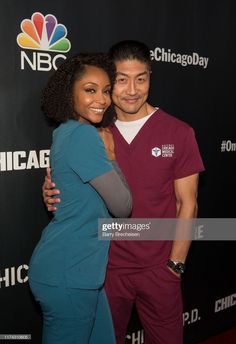 two people posing together on the red carpet for nbc's chicago day news event