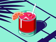 a red drink with an orange slice on the rim and straw in a glass next to it