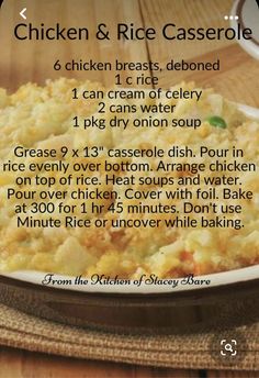 the recipe for chicken and rice casserole is shown